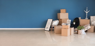 Carton boxes and interior items prepared for moving into new house near color wall - local movers
